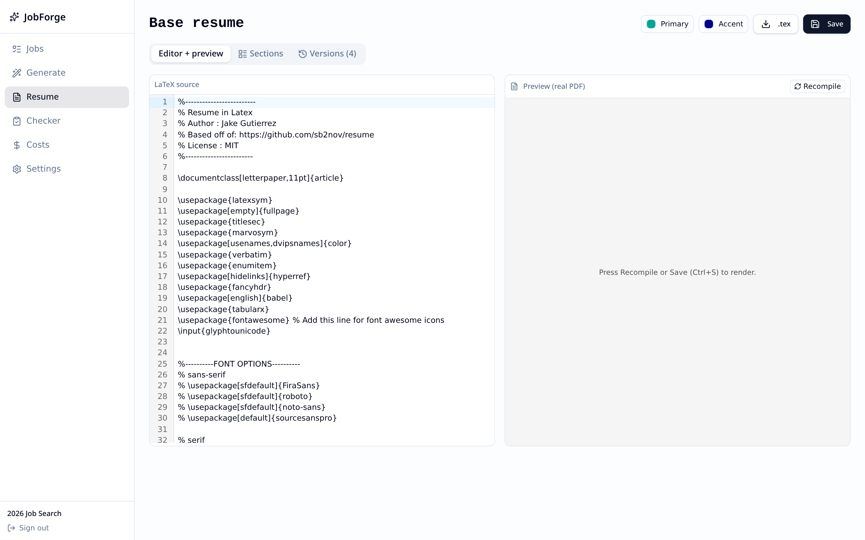 Edit your LaTeX resume with a live PDF preview.